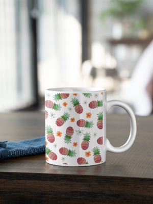 Coffee Mug Doodle Pineapples on White with Choice of Pink or Teal Dots, in 12oz or 15oz mug. High-quality sublimation inks on ceramic mug. - image2